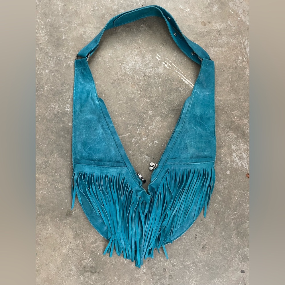 Teal Blue Fringe Leather Sash Bag